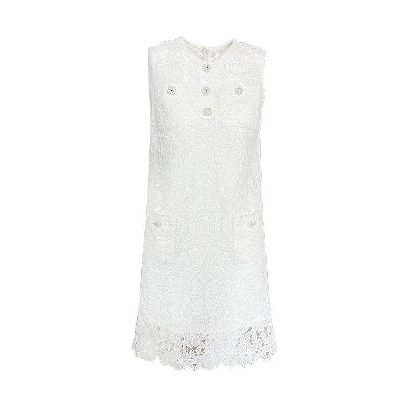 Whlite Fashion Hollow Embroidery Craft Mini Dress